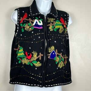 Designers Originals Christmas Sweater‎ Vest Size PM Holly Cardinal Black Zip